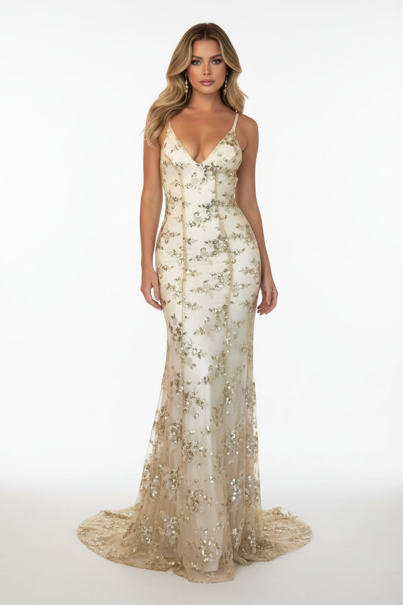 Full Size Sequin Tie Back V - Neck Maxi Dress Plus Size - Jsandiclothing.com