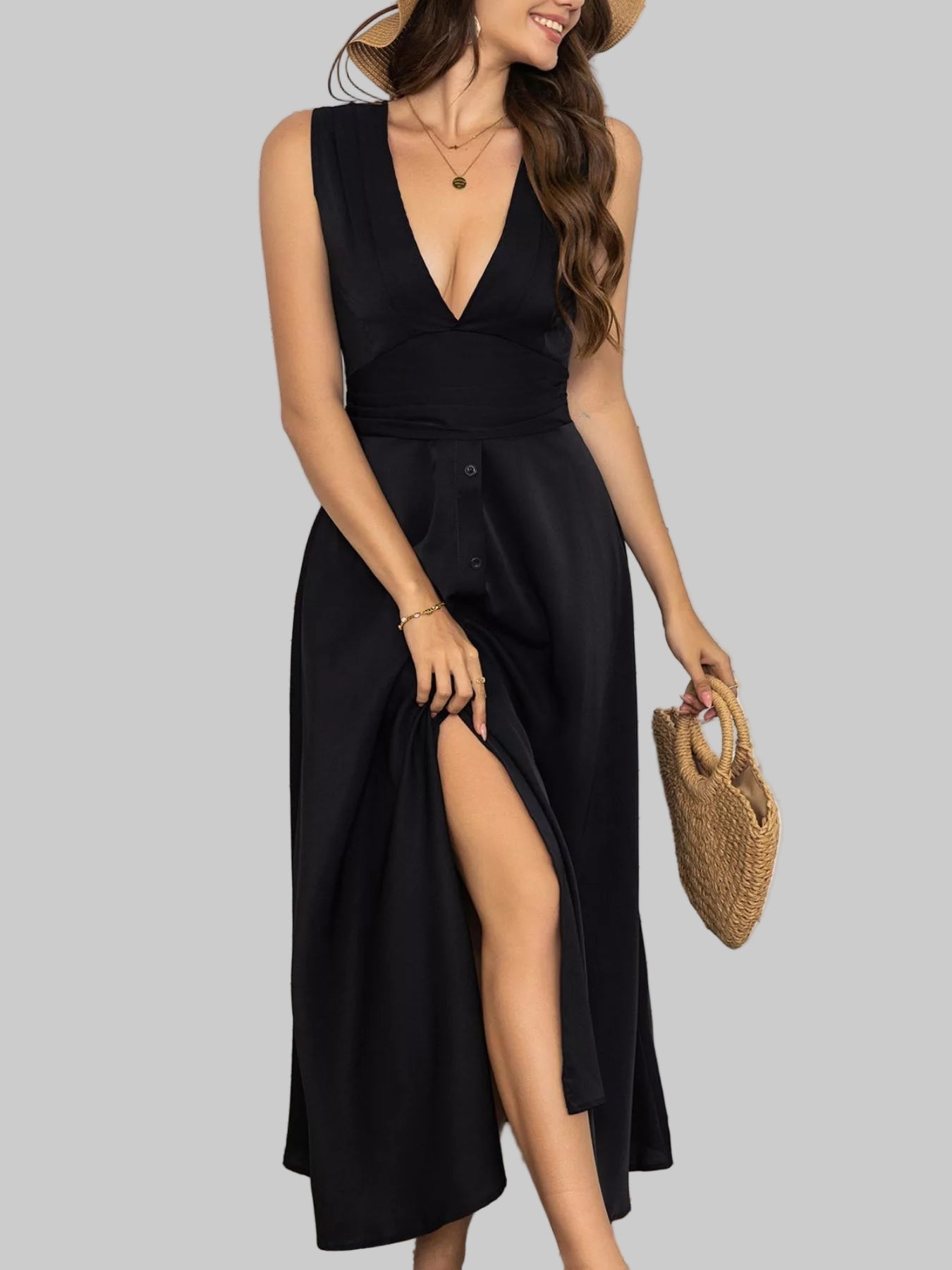 Full Size Slit V - Neck Sleeveless Dress| Plus Size| JSandiclothing - Jsandiclothing.com