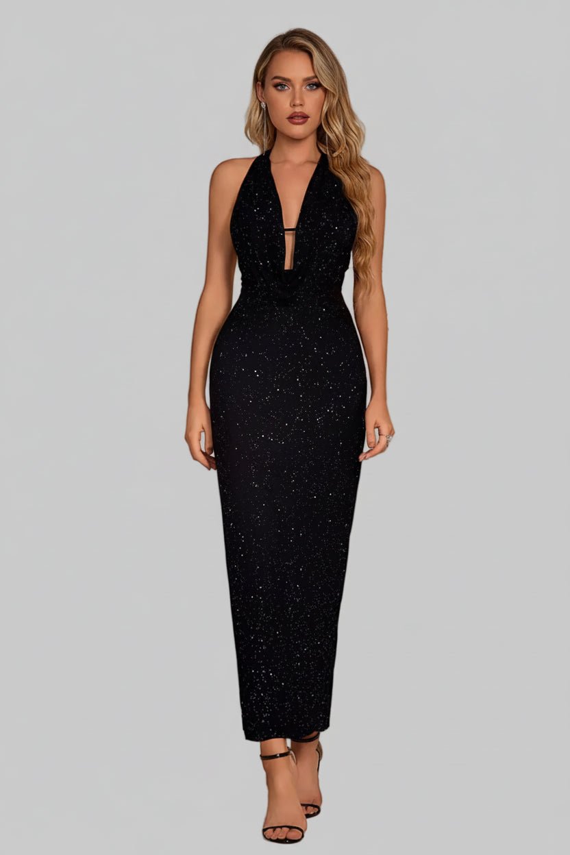 Halter Neck Glitter Bodycon Maxi Dress - Glamorous Evening - Jsandiclothing.com
