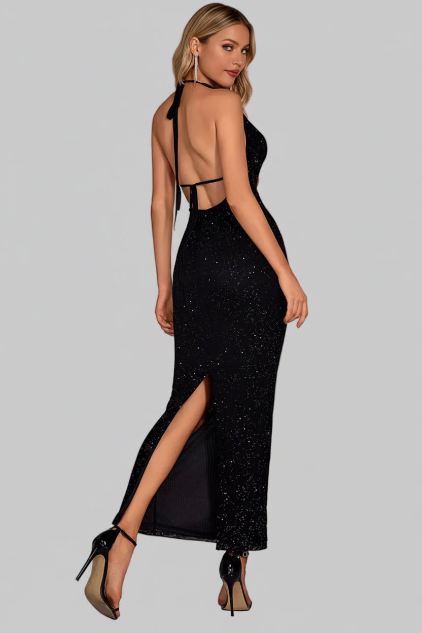 Halter Neck Glitter Bodycon Maxi Dress - Glamorous Evening - Jsandiclothing.com