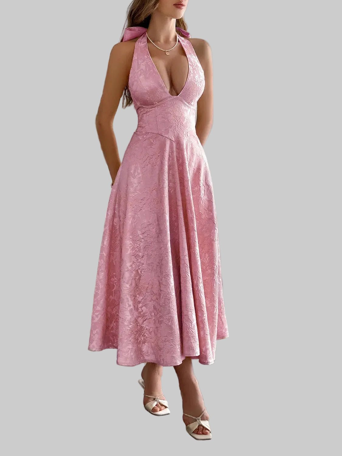 Halter Neck Midi Dress with Pockets - Jsandiclothing.com