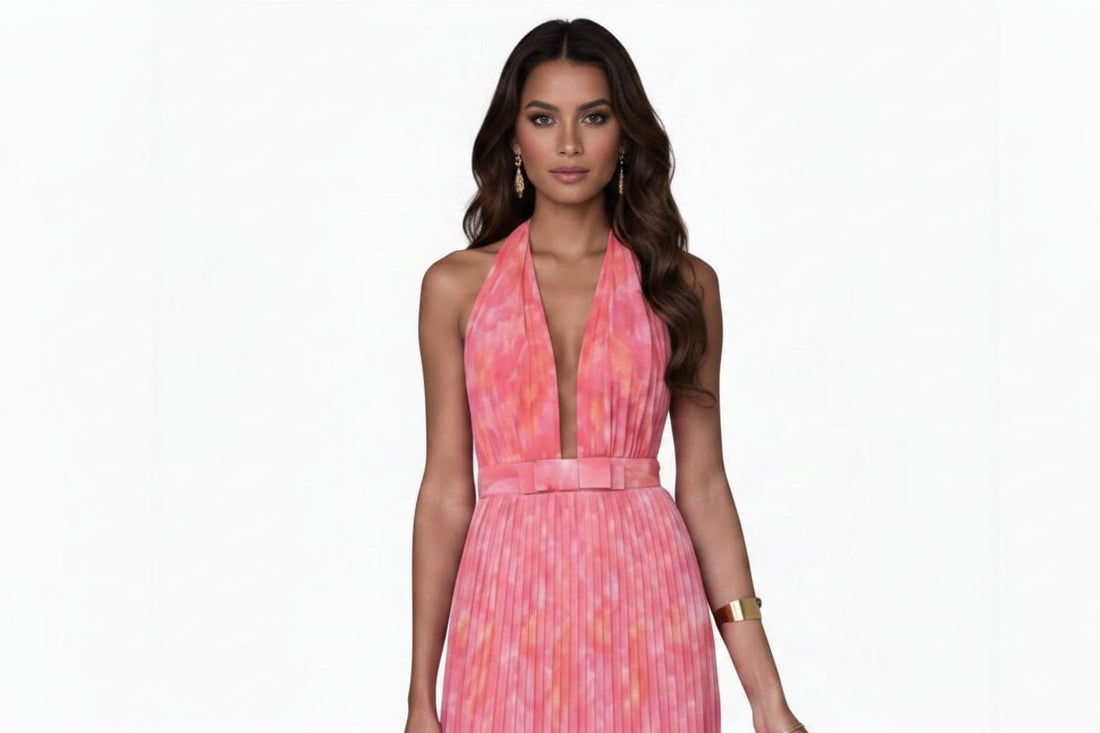 Halter Neck Pleated Maxi Dress - Jsandiclothing.com