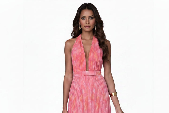 Halter Neck Pleated Maxi Dress - Jsandiclothing.com