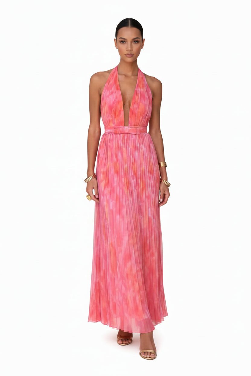 Halter Neck Pleated Maxi Dress - Jsandiclothing.com