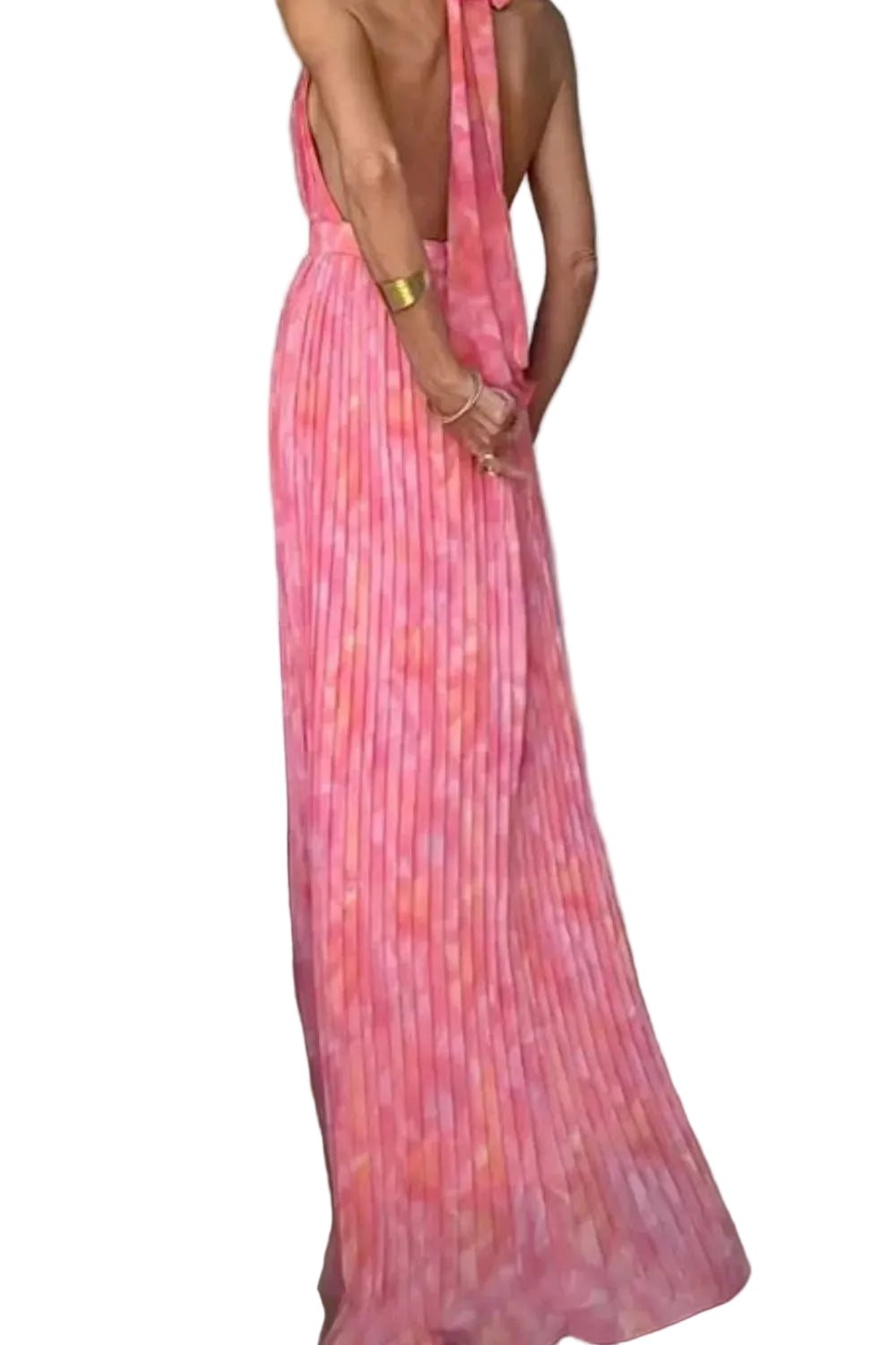 Halter Neck Pleated Maxi Dress - Jsandiclothing.com