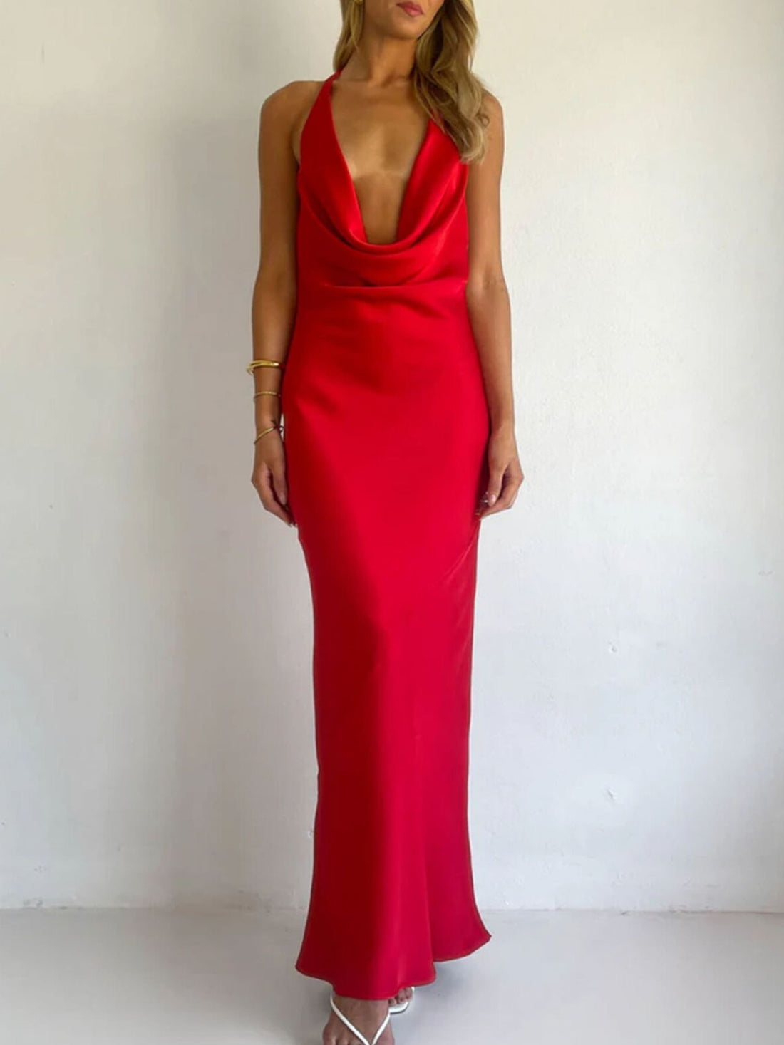 Halter Neck Satin Maxi Dress - Jsandiclothing.com