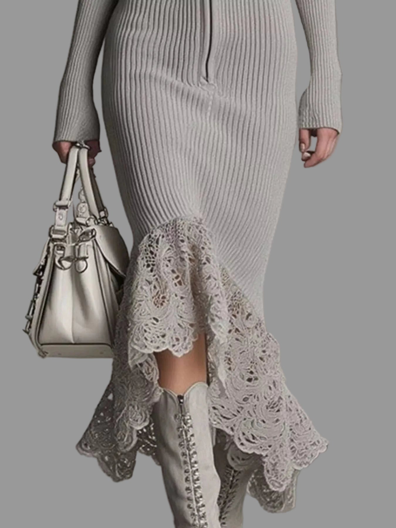 Hooded Ribbed Knit Lace Hem Midi Dress - Jsandiclothing.com