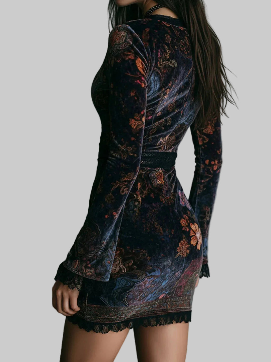 Lace Detail Floral Velvet Mini Dress - Jsandiclothing.com