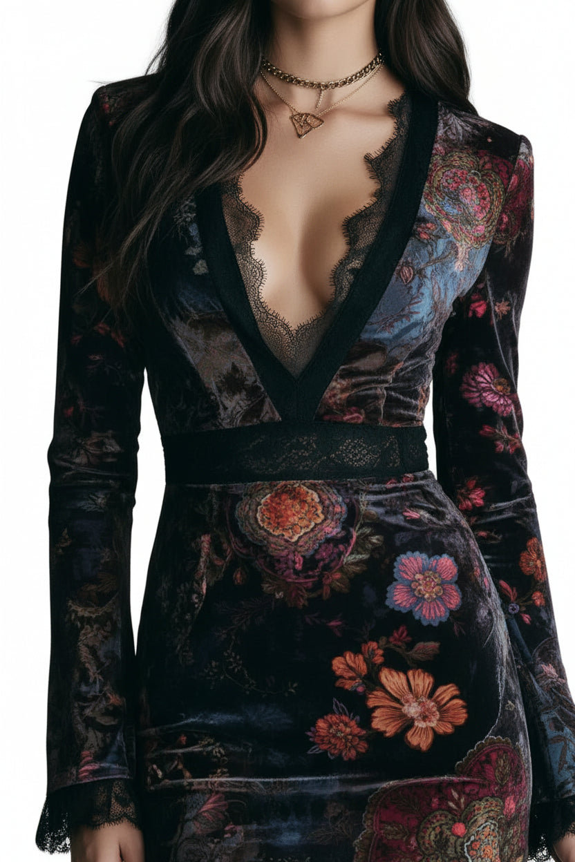 Lace Detail Floral Velvet Mini Dress - Jsandiclothing.com