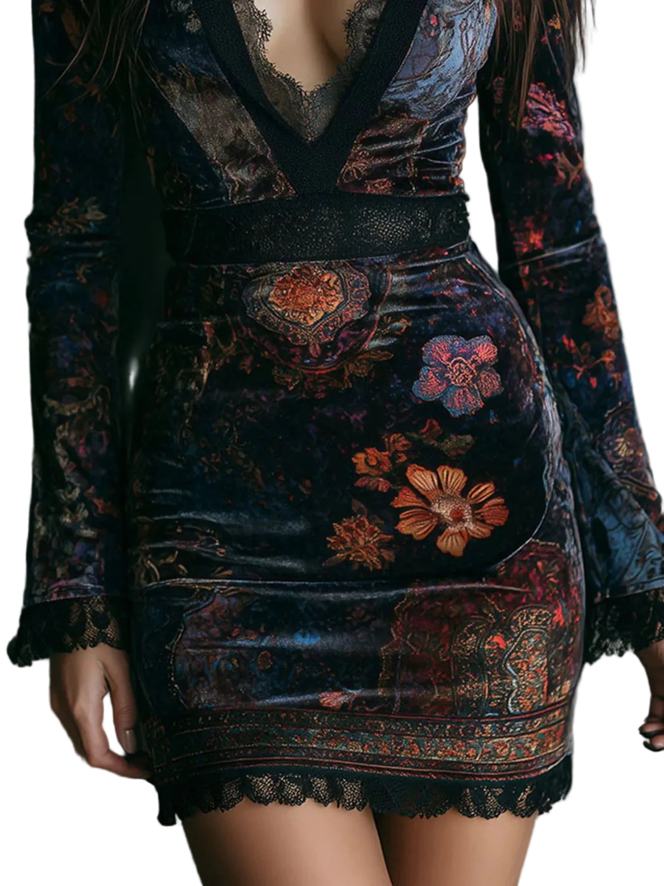 Lace Detail Floral Velvet Mini Dress - Jsandiclothing.com