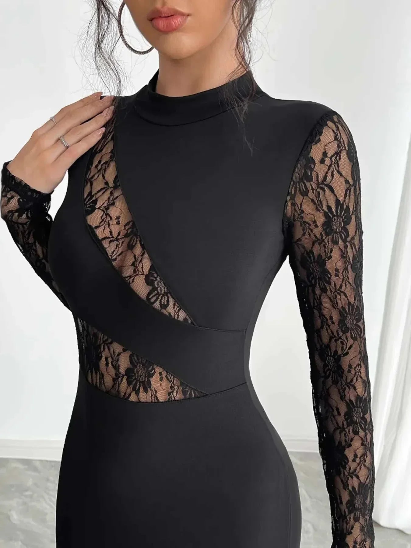 Lace Mock Neck Slit Dress - Elegant Sheer Style | Women's Fashion - Jsandiclothing.com