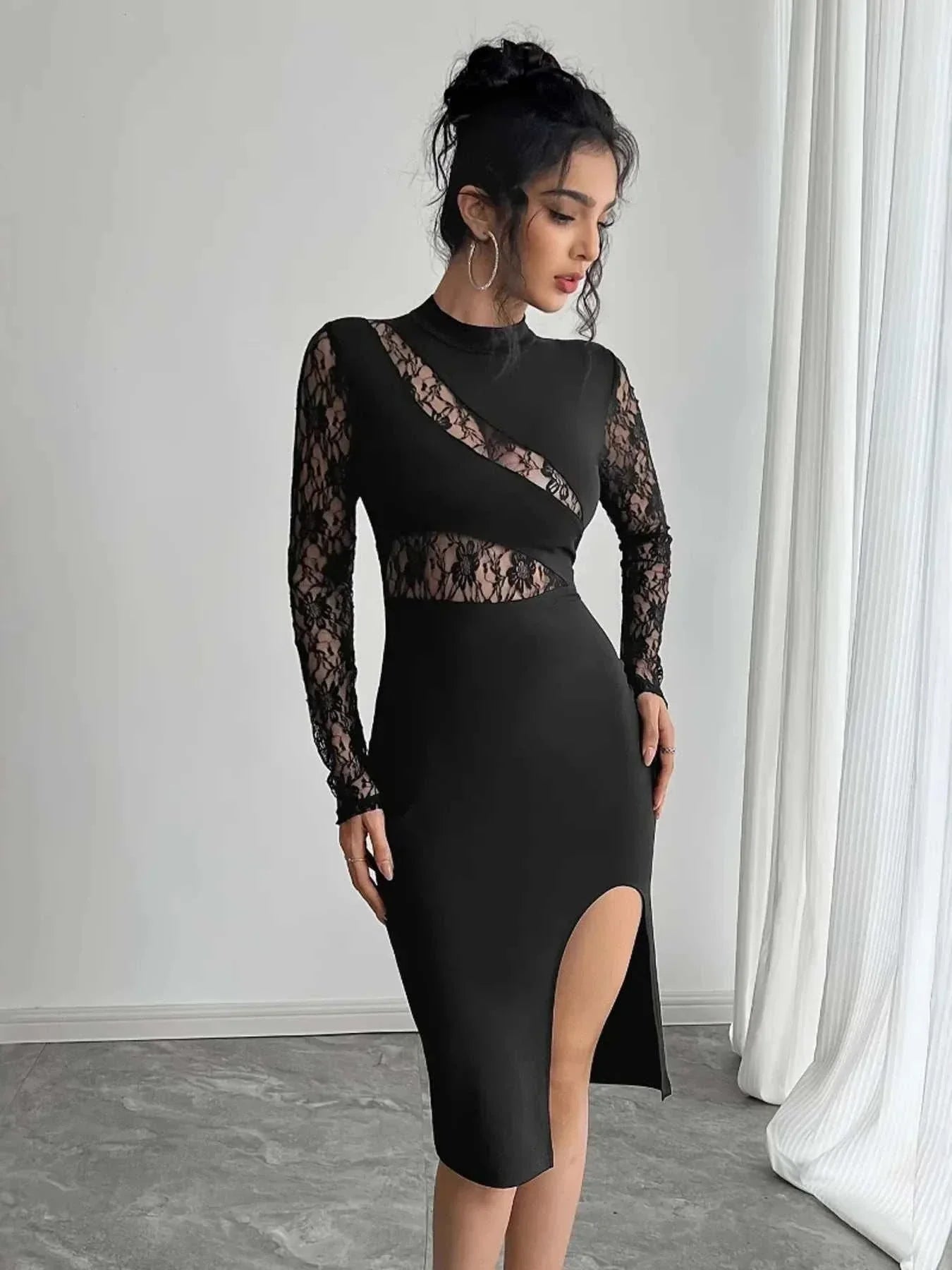 Lace Mock Neck Slit Dress - Elegant Sheer Style | Women's Fashion - Jsandiclothing.com