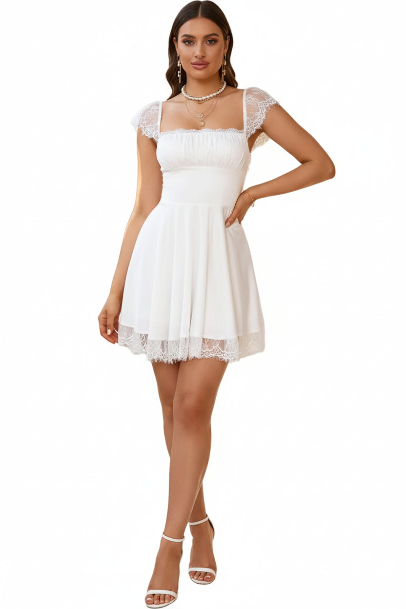 Lace Trim Square Neck Mini Dress - Jsandiclothing.com