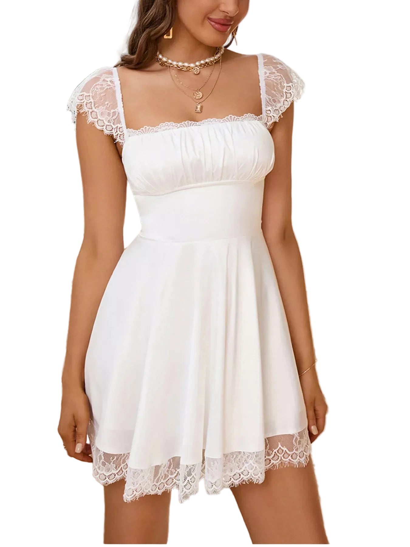 Lace Trim Square Neck Mini Dress - Jsandiclothing.com