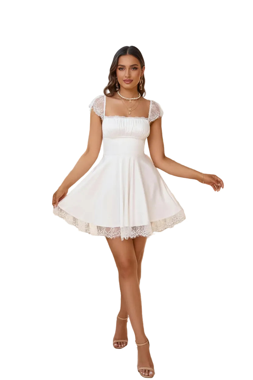 Lace Trim Square Neck Mini Dress - Jsandiclothing.com