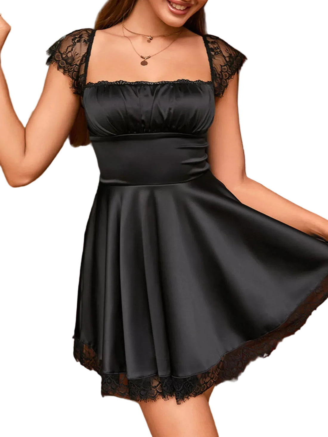 Lace Trim Square Neck Mini Dress - Jsandiclothing.com