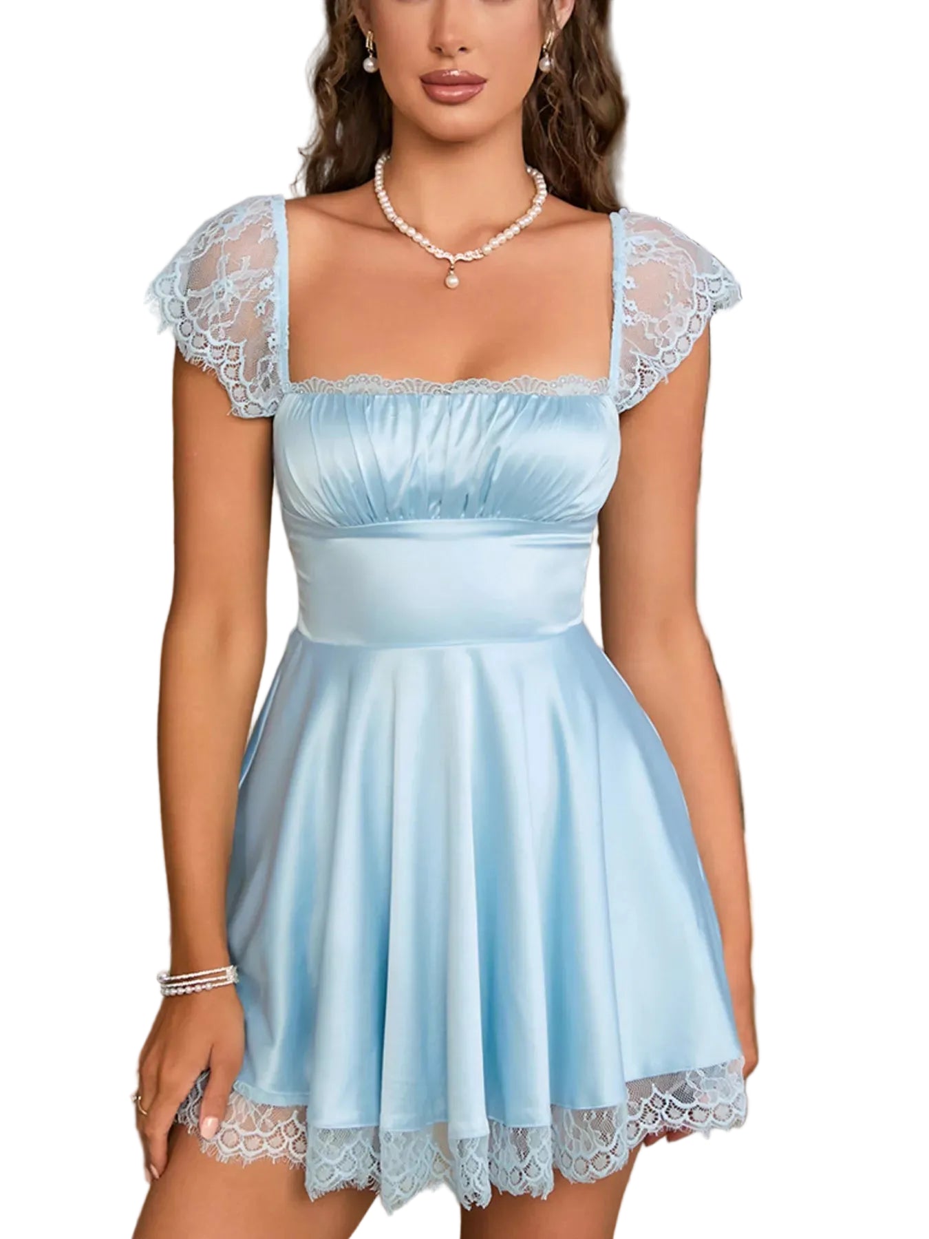 Lace Trim Square Neck Mini Dress - Jsandiclothing.com