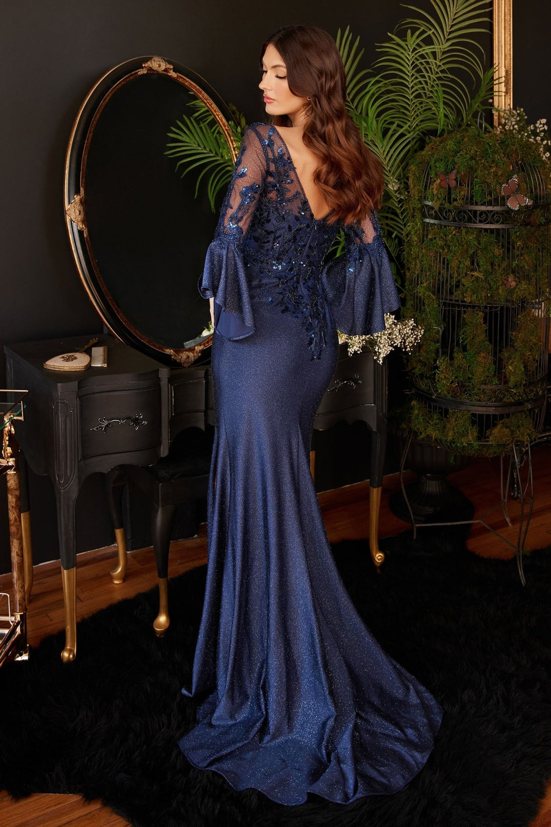 Long Bell Sleeve Lace & Satin Gown - Jsandiclothing.com