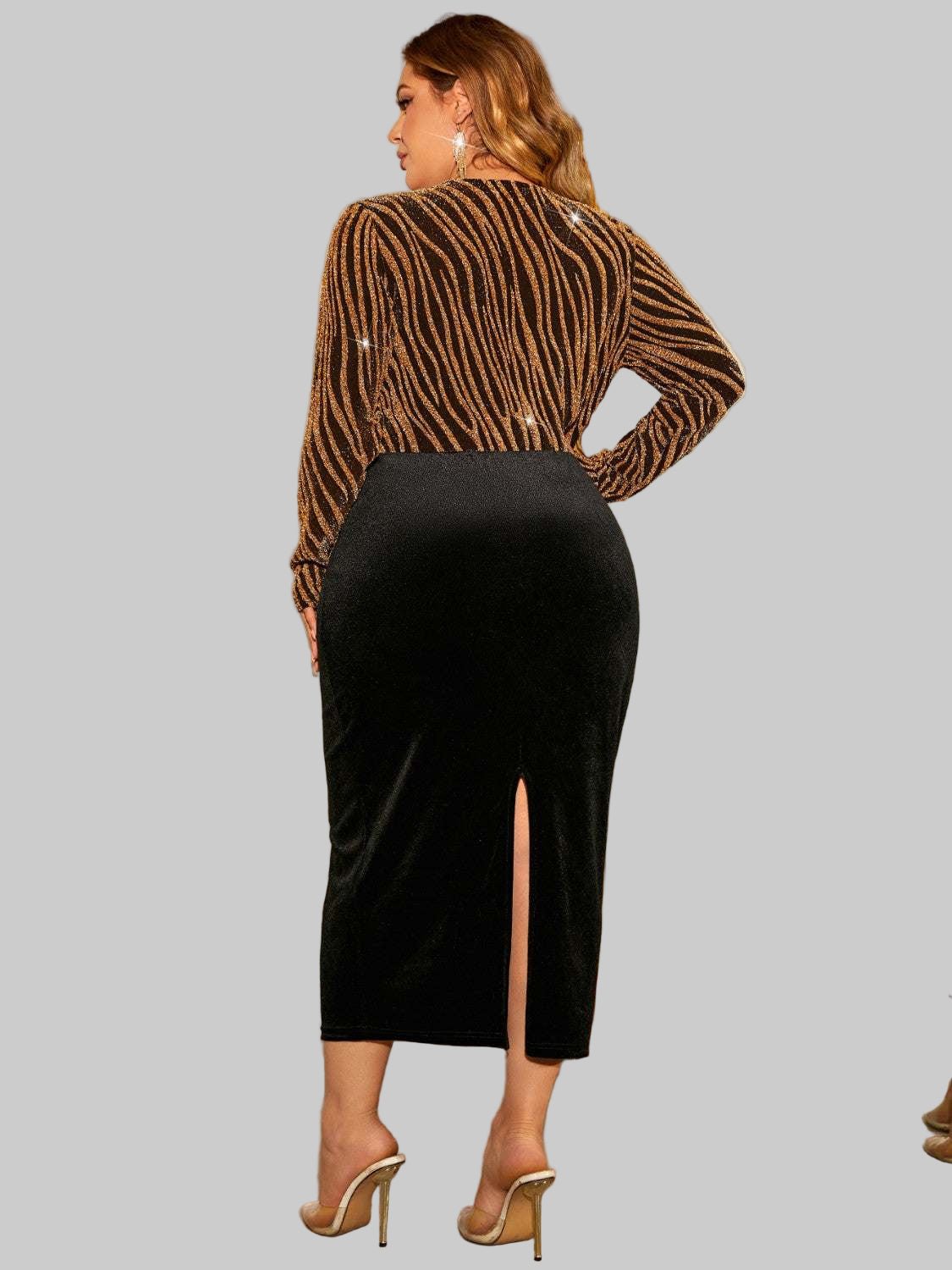 Long Sleeve Dress Plus Size| Surplice Neckline & Slit Details - Jsandiclothing.com