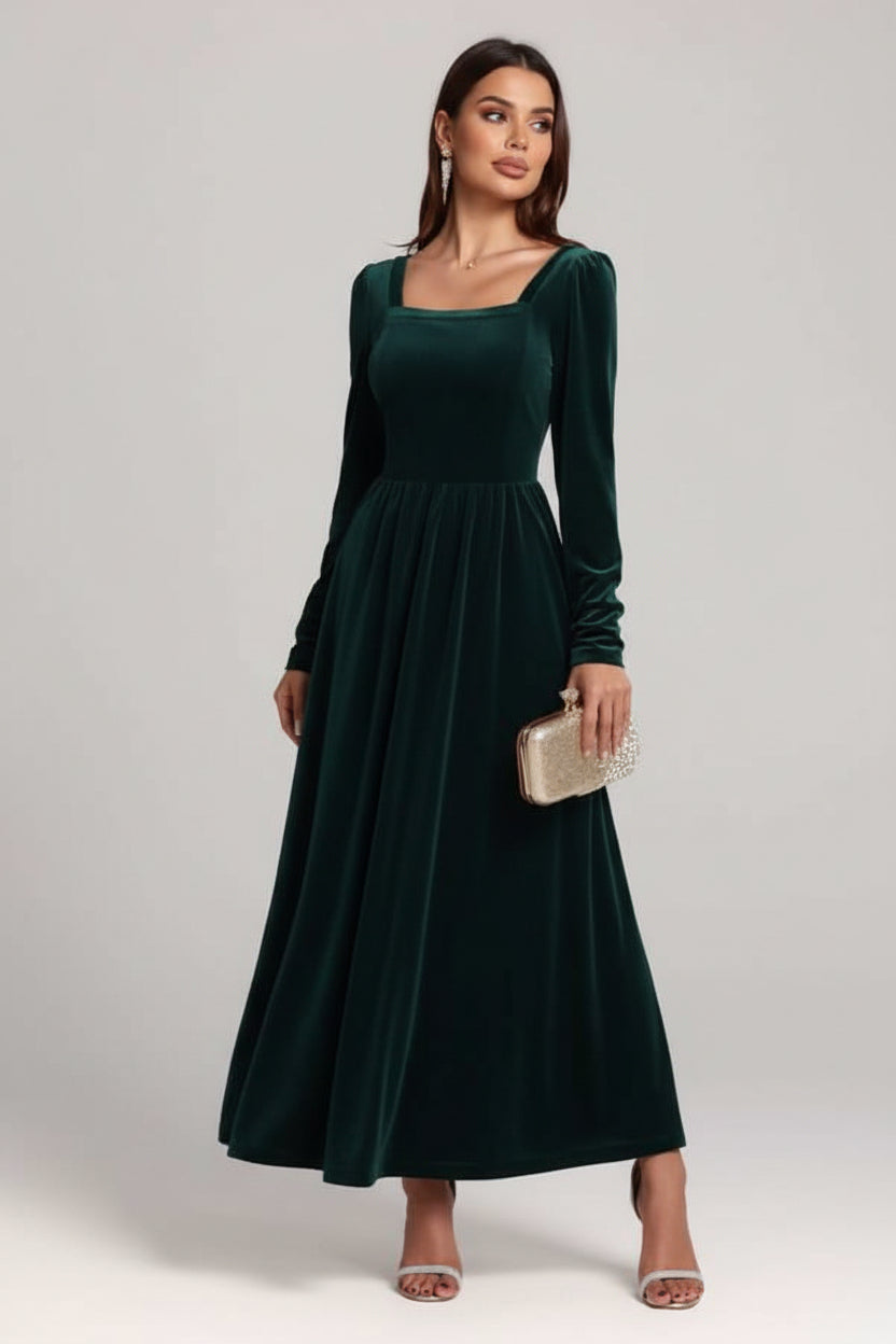 Long Sleeve Dress | Velvet Square Neck Elegant Modern and High Quality - Jsandiclothing.com
