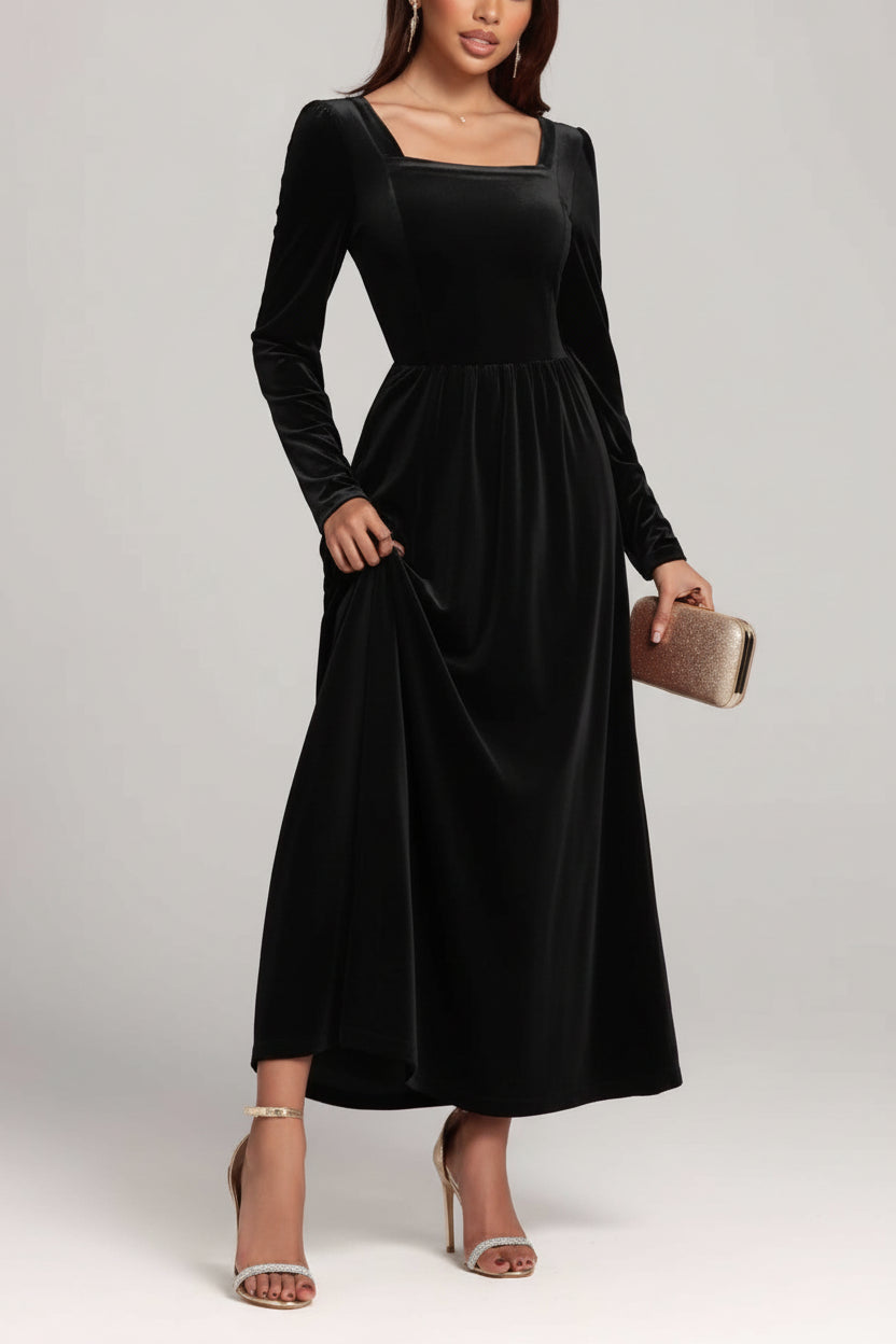 Long Sleeve Dress | Velvet Square Neck Elegant Modern and High Quality - Jsandiclothing.com