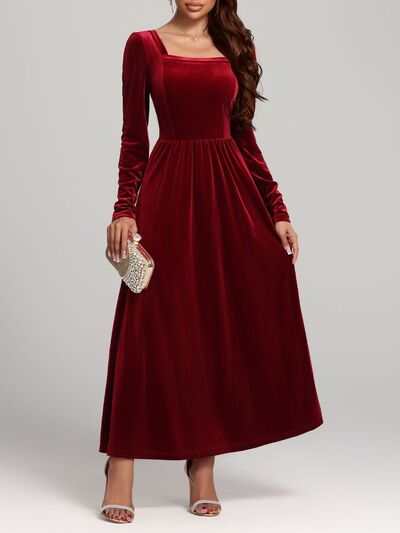 Long Sleeve Dress | Velvet Square Neck Elegant Modern and High Quality - Jsandiclothing.com