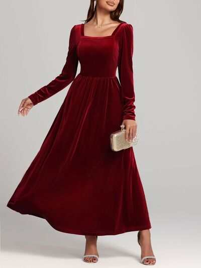 Long Sleeve Dress | Velvet Square Neck Elegant Modern and High Quality - Jsandiclothing.com