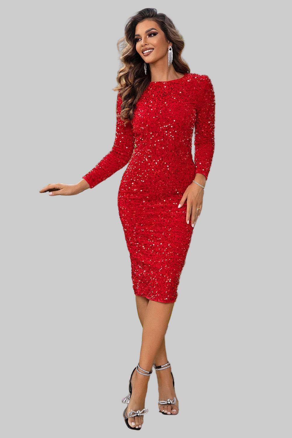 Long Sleeve Midi Sequin Dress with Round Neck and Side Slit - Jsandiclothing.com