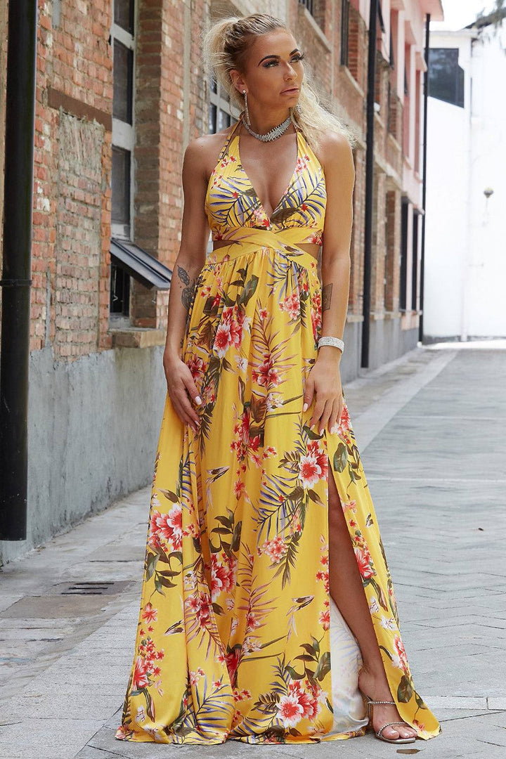 Maxi Dress Featuring a Chic Halter Neck and a Stylish High Slit - Jsandiclothing.com