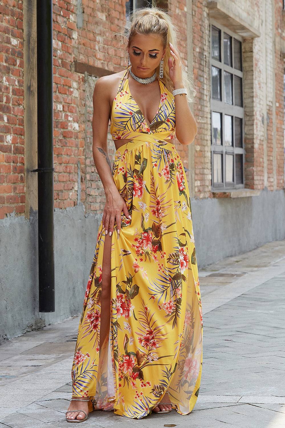 Maxi Dress Featuring a Chic Halter Neck and a Stylish High Slit - Jsandiclothing.com