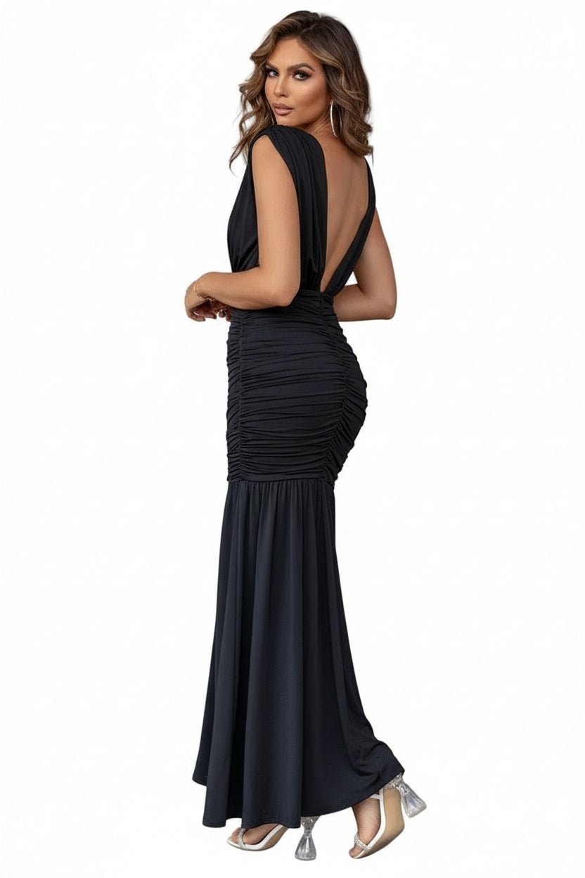 Maxi Dress | Ruched Plunge Sleeveless | Chic, Elegant & Stylish Outfit - Jsandiclothing.com