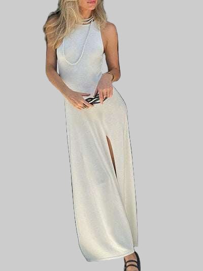 Maxi Dress Side Slit Round Neck Sleeveless - Chic & Versatile Style - Jsandiclothing.com