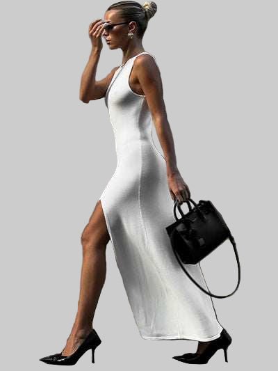 Maxi Dress Side Slit Round Neck Sleeveless - Chic & Versatile Style - Jsandiclothing.com