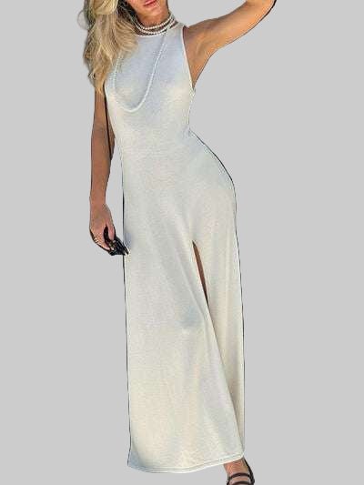 Maxi Dress Side Slit Round Neck Sleeveless - Chic & Versatile Style - Jsandiclothing.com