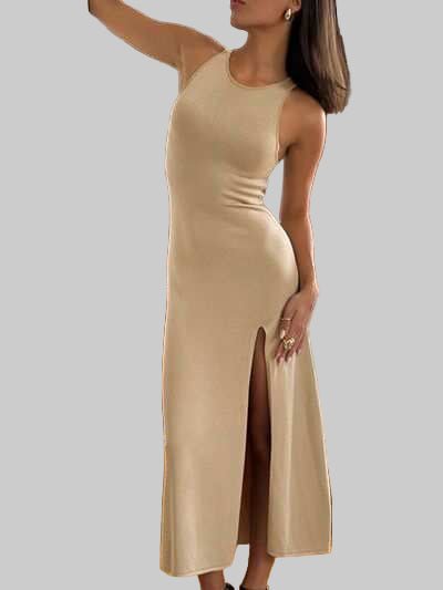 Maxi Dress Side Slit Round Neck Sleeveless - Chic & Versatile Style - Jsandiclothing.com