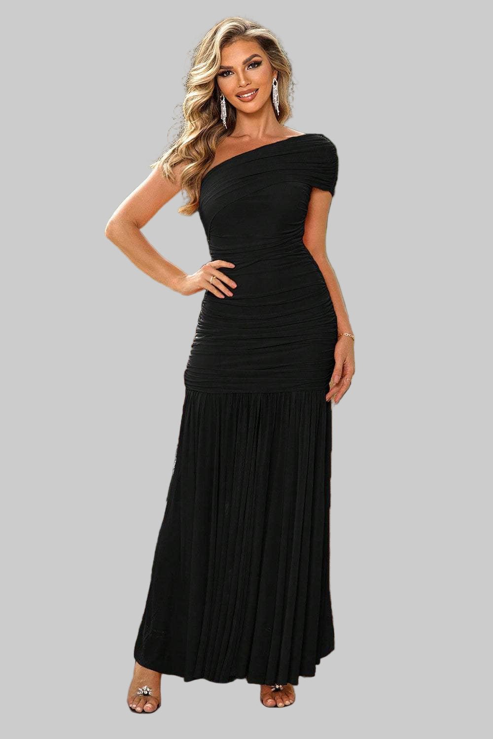 Maxi Dress with One - Shoulder Design and Elegant Ruched Detailing - Jsandiclothing.com