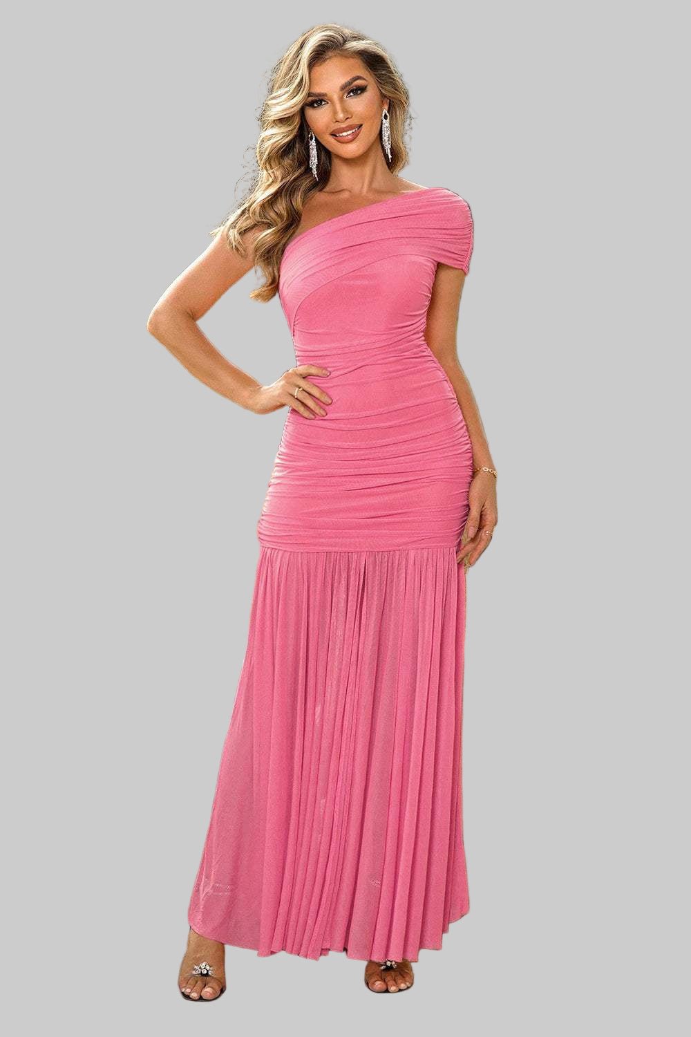 Maxi Dress with One - Shoulder Design and Elegant Ruched Detailing - Jsandiclothing.com