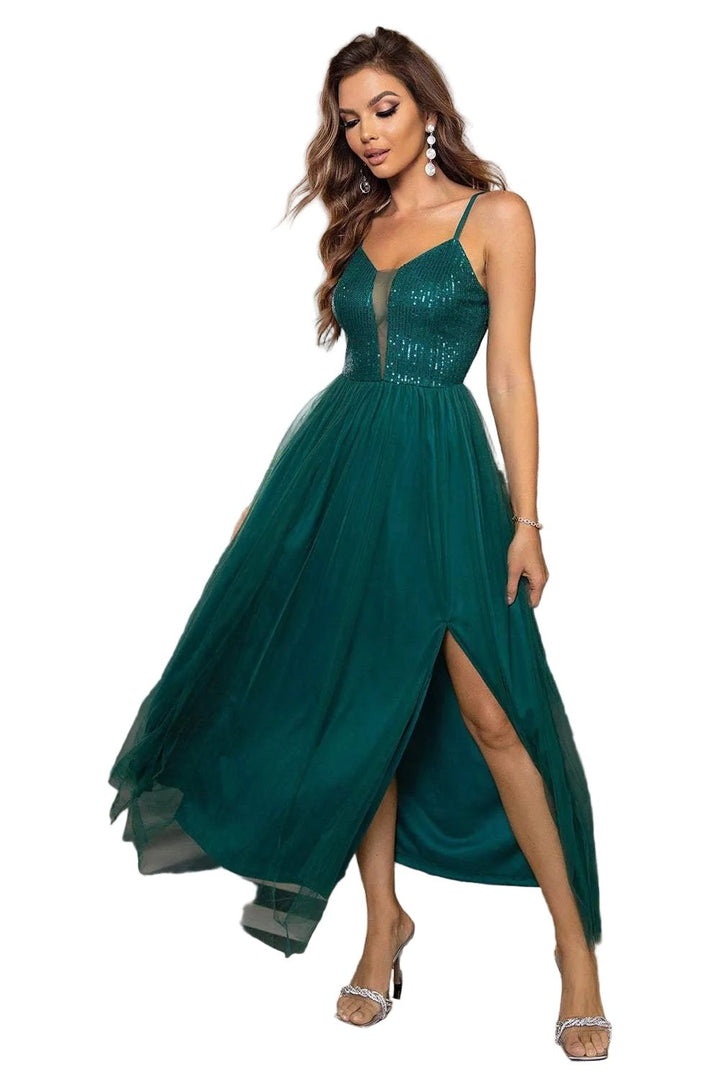 Mesh Dress| Stylish Spaghetti Strap Slit for Effortless, Chic Elegance - Jsandiclothing.com