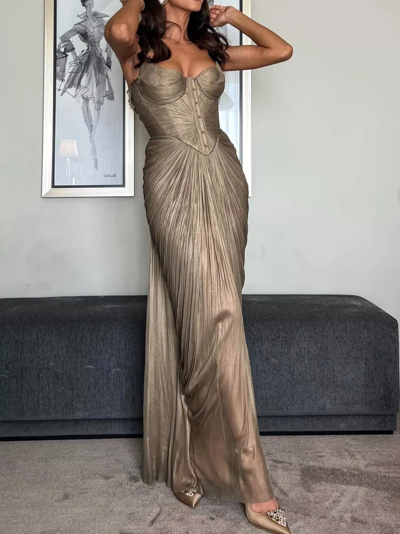 Metallic Pleated Corset Maxi Dress - Jsandiclothing.com