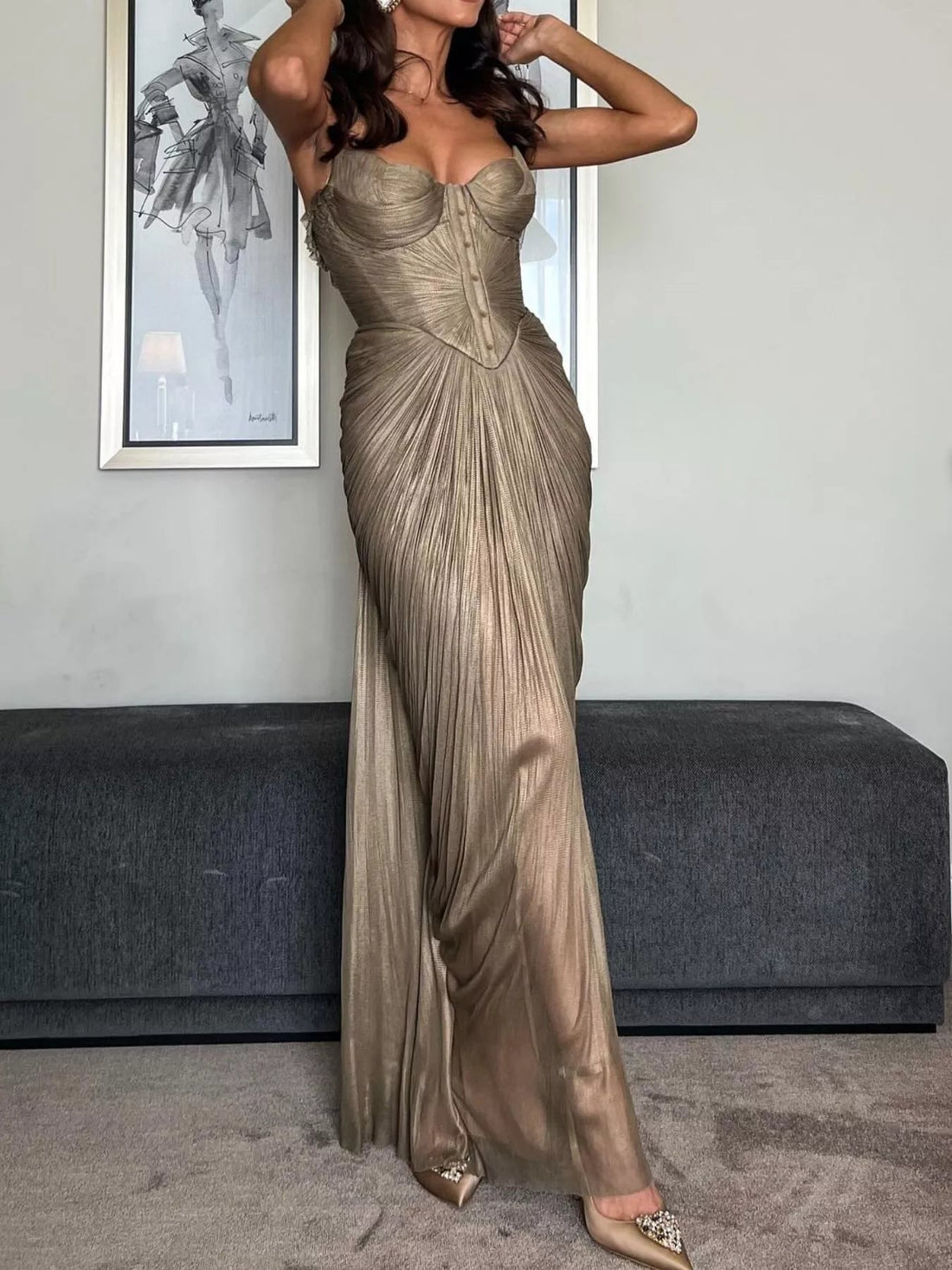 Metallic Pleated Corset Maxi Dress - Jsandiclothing.com