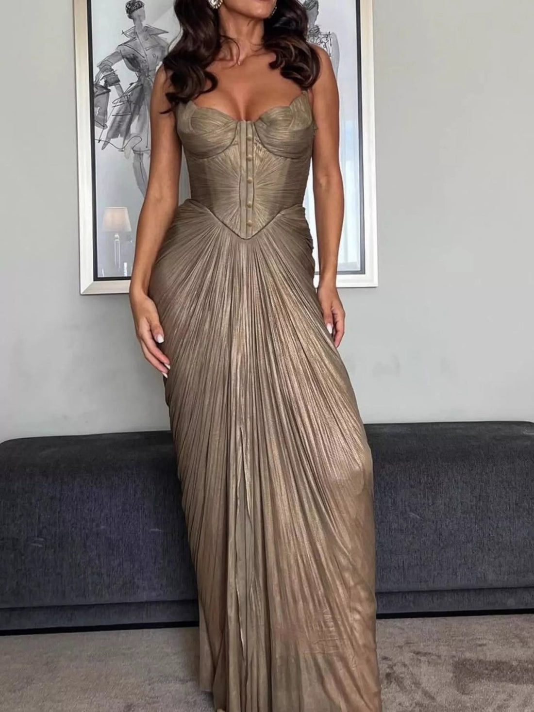 Metallic Pleated Corset Maxi Dress - Jsandiclothing.com