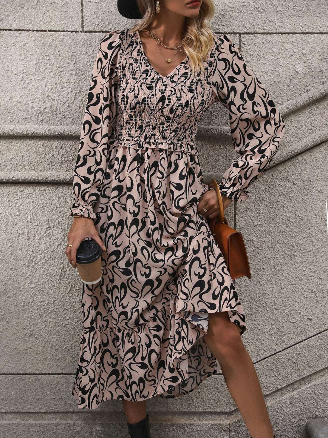 Midi Dress - Perfee Printed V - Neck | Chic Fit for Every Occasion - Jsandiclothing.com