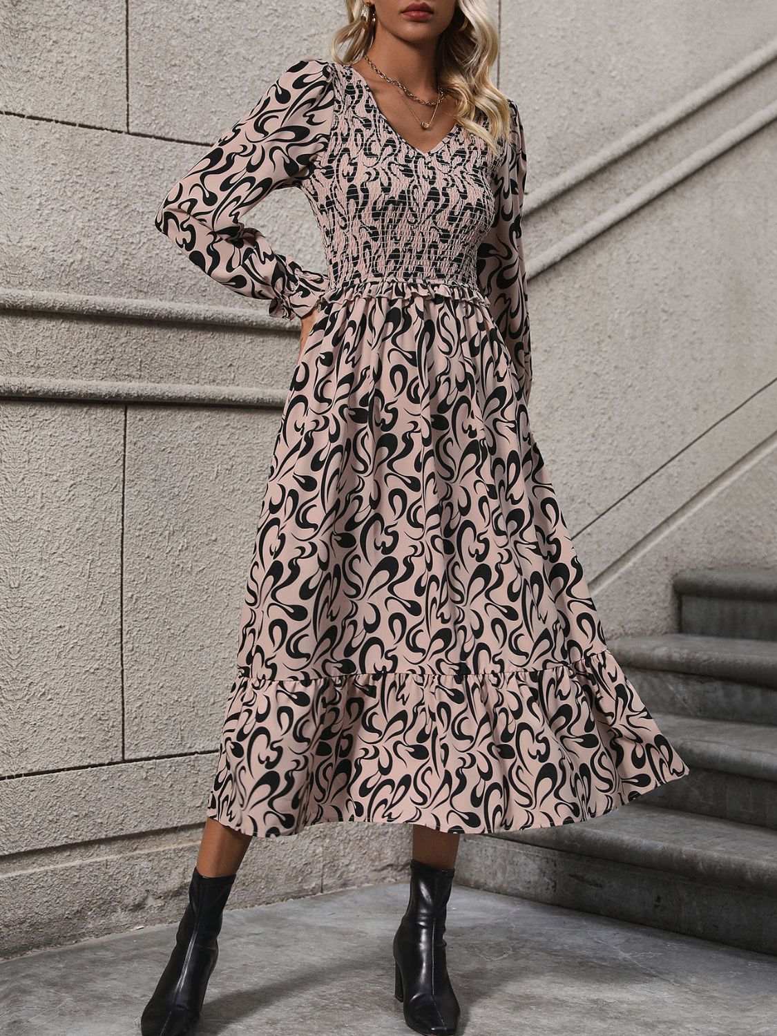 Midi Dress - Perfee Printed V - Neck | Chic Fit for Every Occasion - Jsandiclothing.com