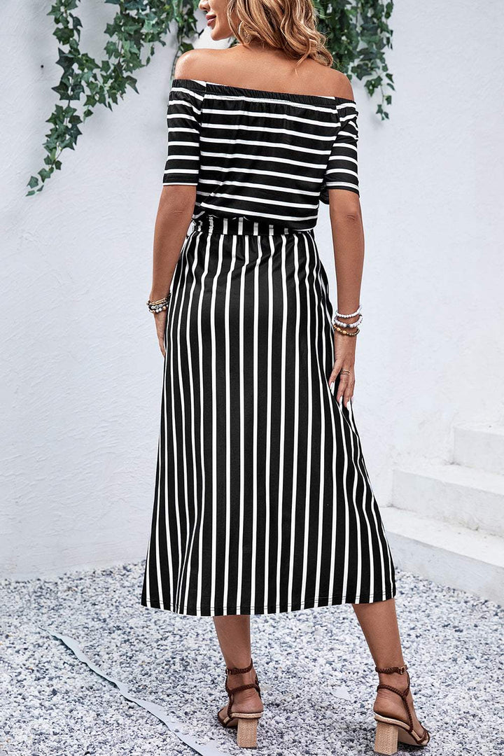 Midi Dress with Slit, Off - Shoulder Design, and Chic Tie - Waist - Jsandiclothing.com