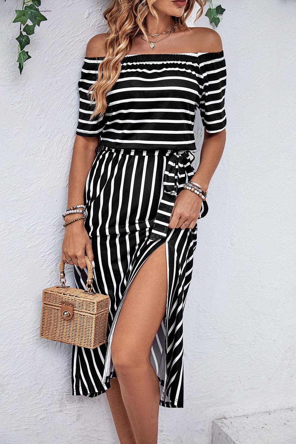 Midi Dress with Slit, Off - Shoulder Design, and Chic Tie - Waist - Jsandiclothing.com
