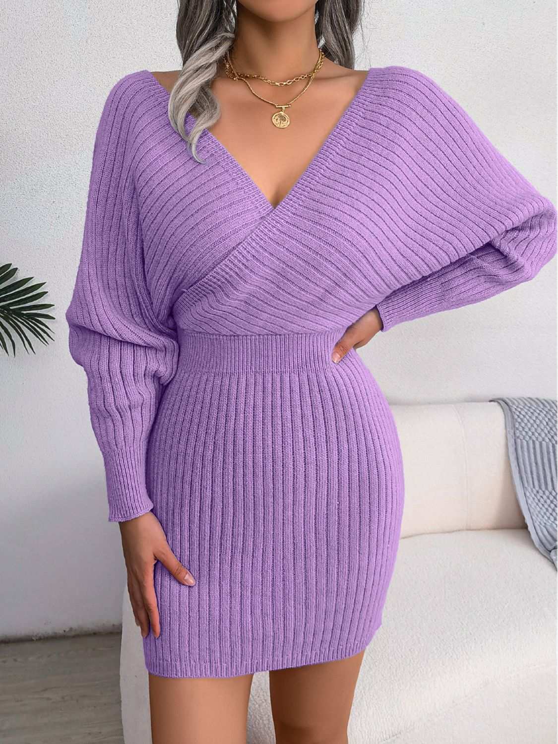 Mini Sweater Dress - Rib - Knit Dolman Sleeve Casual Style for Women!!! - Jsandiclothing.com