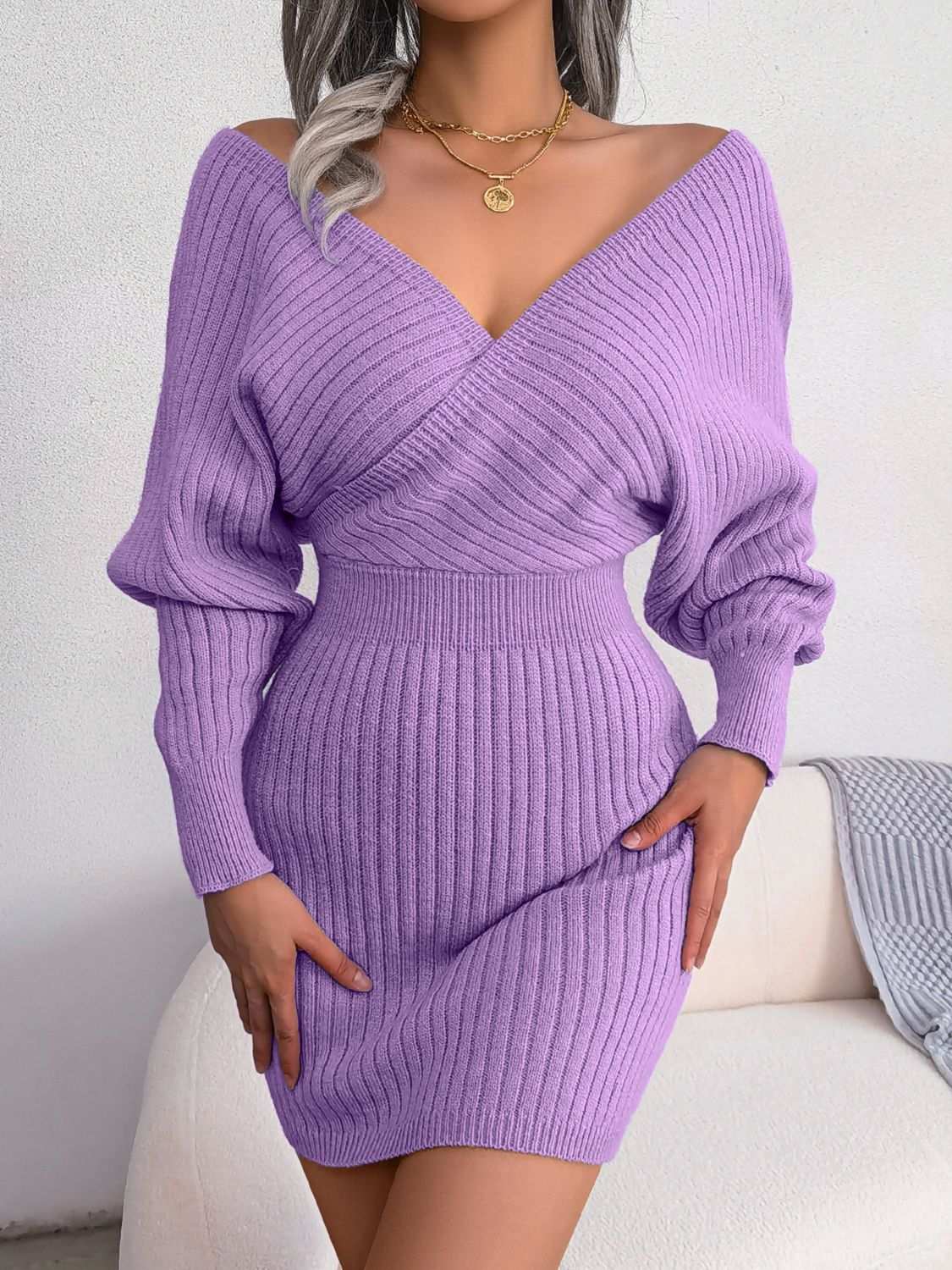 Mini Sweater Dress - Rib - Knit Dolman Sleeve Casual Style for Women!!! - Jsandiclothing.com