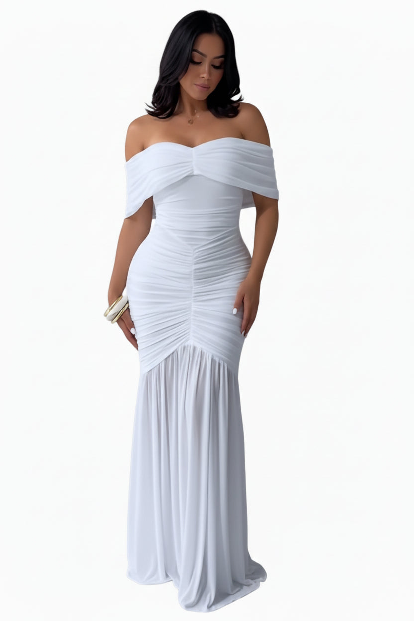 Off - Shoulder Ruched Bodycon Maxi Dress - Jsandiclothing.com