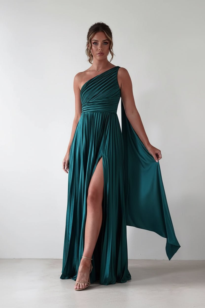 One - Shoulder Pleated Slit Maxi Dress - Jsandiclothing.com
