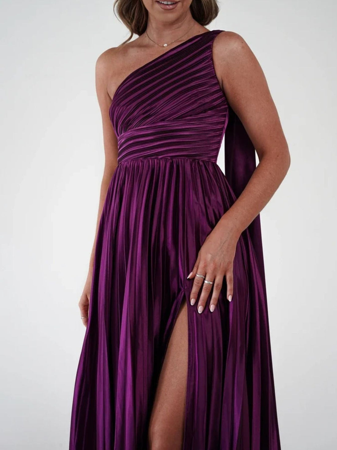 One - Shoulder Pleated Slit Maxi Dress - Jsandiclothing.com